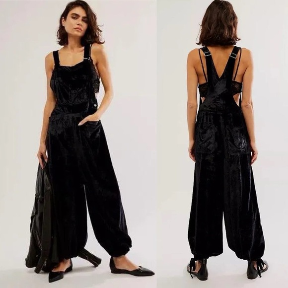 Free People Pants - Free People Womens Black Follow The Sun Boho One Piece Velvet Jumpsuit Size XL